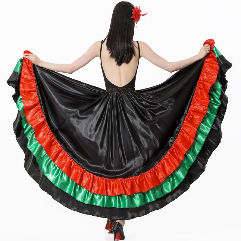 Backgarden Adult Ruffles Black Red Green Maxi Long Dance Skirt for Mexican Flamenco Halloween Costume (Black Skirt-Green/red Ruffles) - Image 4